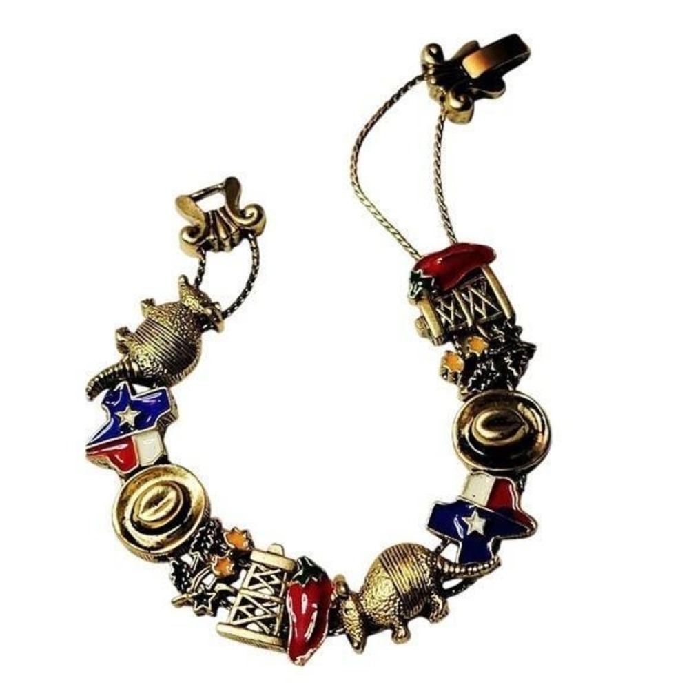 Vintage Texas Charm Bracelet Gold Cowboy Hat Armadillo Slide Bracelet Western - Picture 3 of 7